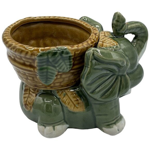 Green Elephant Planter Lucky Trunk Up Ceramic with Basket Tropical 5" x 4" - Picture 3 of 8